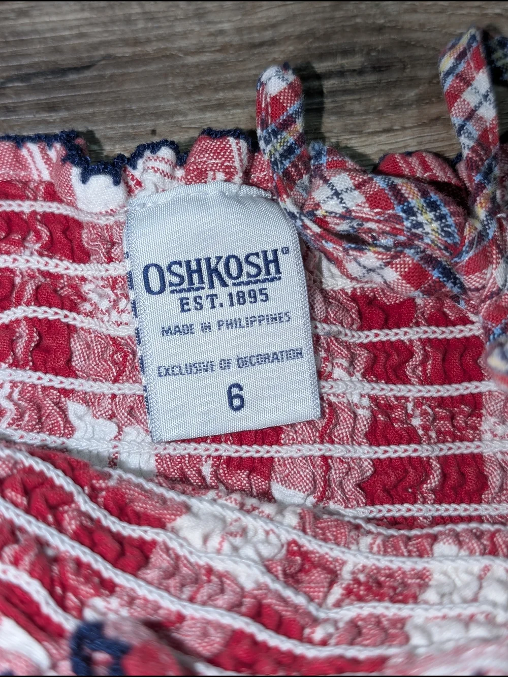 OshKosh B'gosh Girls 6 Red White Plaid Smocked Sundress Embroidered Blue Flowers